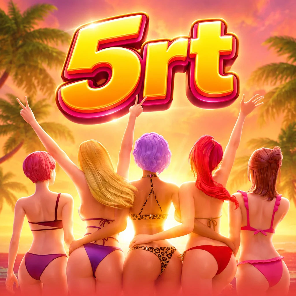 5rt menampilkan lima wanita berbikini di tepi pantai saat matahari terbenam dalam game Bikini Paradise