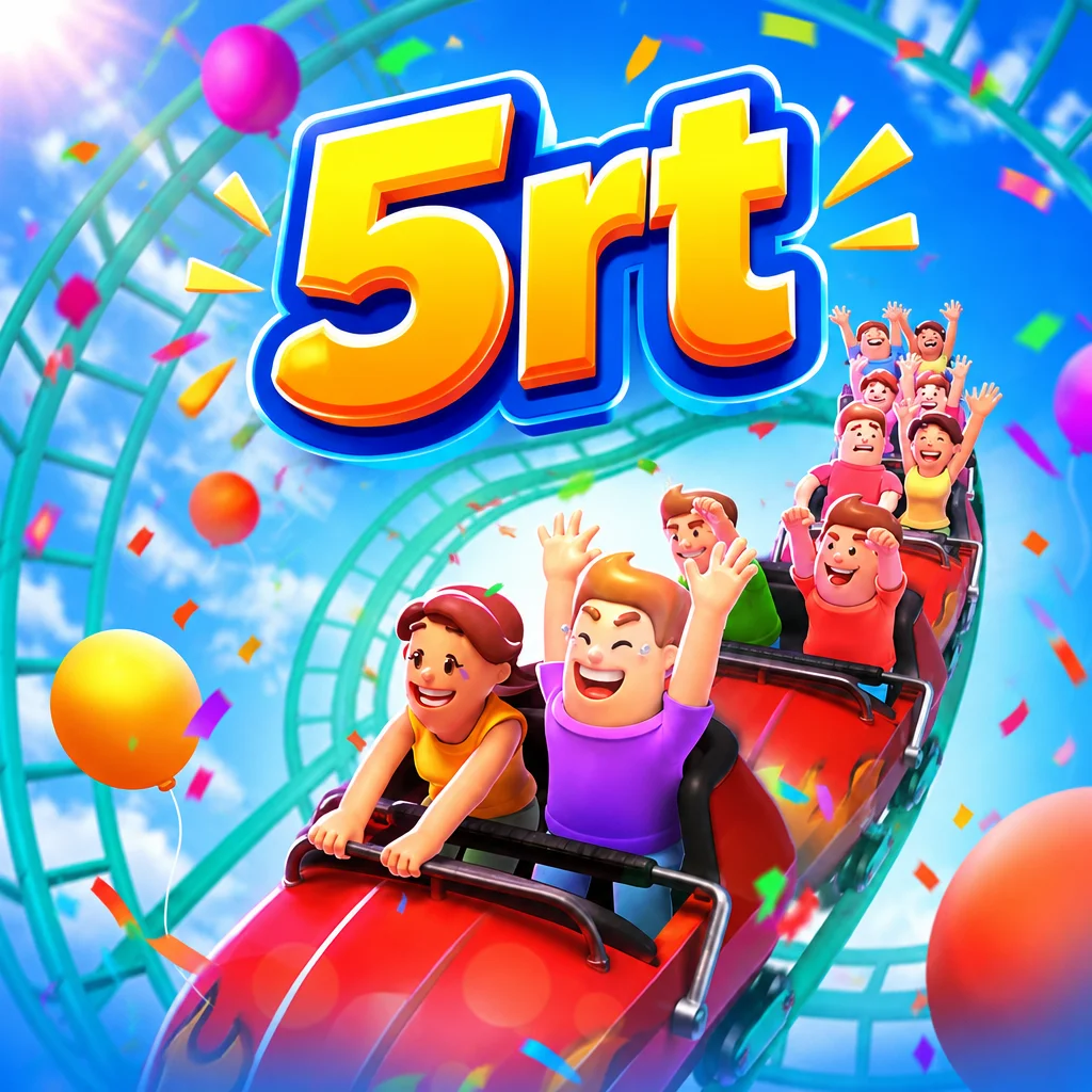 5rt menampilkan wahana roller coaster meluncur di taman hiburan cerah dalam game Wild Coaster